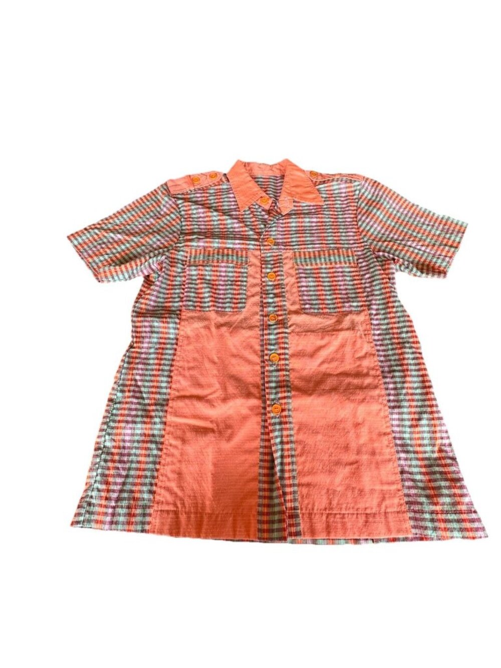 Vintage Patchwork Button Up Shirt Mens M Madras Plaid Short Sleeve Orange Teal